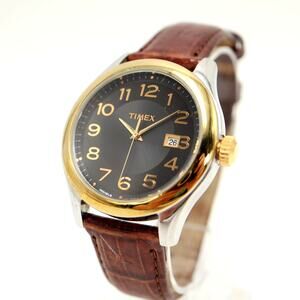 Timex Indiglo Mens 41mm Easy Read Gray Date Watch Brown Leather w New Battery